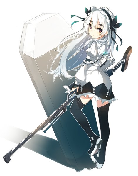 Anime picture 1410x1798 with hitsugi no chaika studio bones chaika trabant porifonika single long hair tall image looking at viewer simple background white background purple eyes white hair girl dress hair ornament weapon headdress gun thigh boots butterfly hair ornament