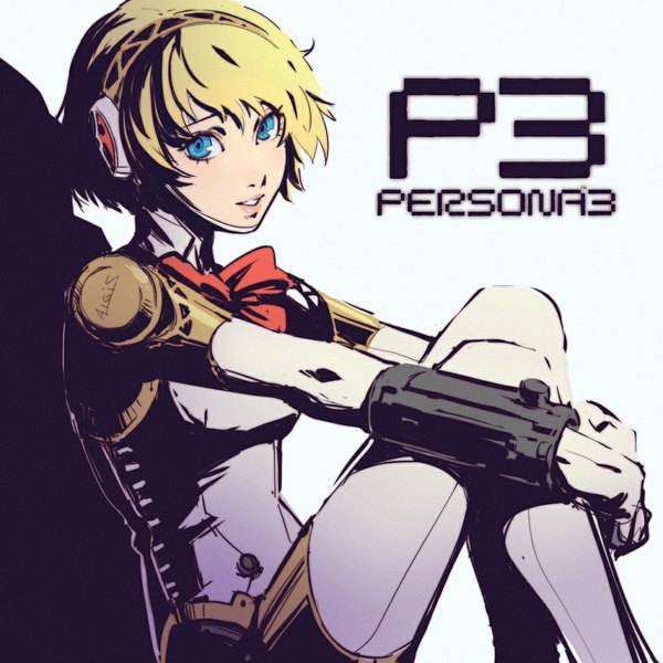 Anime picture 1024x1024 with persona 3 persona aegis ilya kuvshinov single looking at viewer short hair blue eyes simple background blonde hair smile sitting inscription shadow copyright name girl headphones android