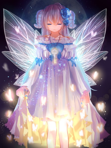 Anime picture 1500x2000 with original krain0406 single long hair tall image fringe hair between eyes signed purple hair silver hair eyes closed nail polish horn (horns) insect wings butterfly wings girl dress hair ornament flower (flowers) ribbon (ribbons)