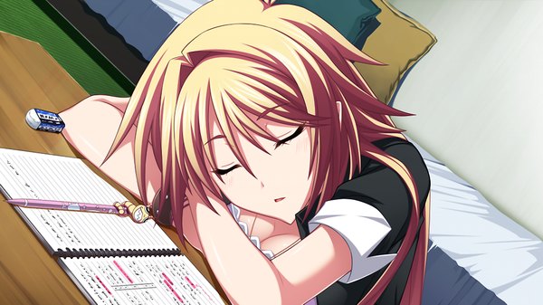 Anime picture 1000x563 with tsujidou-san no junai road ai tsujidou long hair blonde hair wide image game cg eyes closed sleeping girl notebook