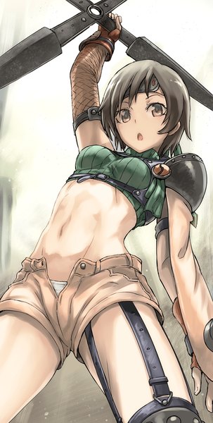 Anime picture 606x1200 with final fantasy final fantasy vii square enix yuffie kisaragi tea (nakenashi) single tall image looking at viewer short hair light erotic brown hair brown eyes bare belly midriff abs girl gloves underwear panties weapon