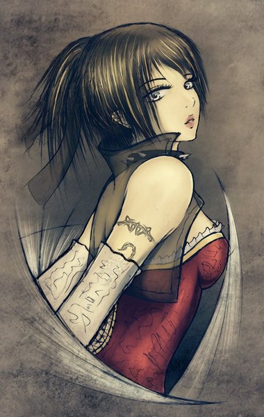Anime picture 1000x1579 with original soranamae single long hair tall image black hair bare shoulders cleavage ponytail looking back grey eyes tattoo girl gloves ribbon (ribbons) hair ribbon elbow gloves collar