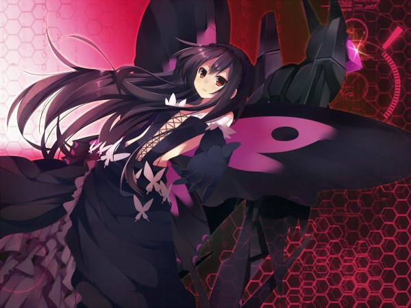 Anime picture 1200x900 with accel world sunrise (studio) kuroyukihime mishima kurone single long hair black hair red eyes bat wings girl dress gloves elbow gloves hairband