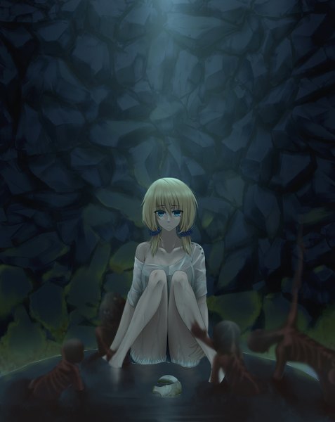 Anime picture 1000x1258 with original karube karu long hair tall image blue eyes blonde hair sitting girl shorts blood monster