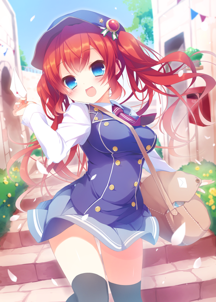 Anime picture 700x982 with original amamine single long hair tall image looking at viewer blush open mouth blue eyes twintails red hair girl thighhighs skirt black thighhighs miniskirt necktie bag flat cap letter