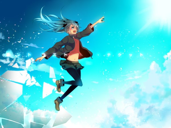 Anime picture 1400x1050 with vocaloid hatsune miku temari (deae) single long hair blush open mouth blue eyes twintails blue hair midriff jumping girl navel