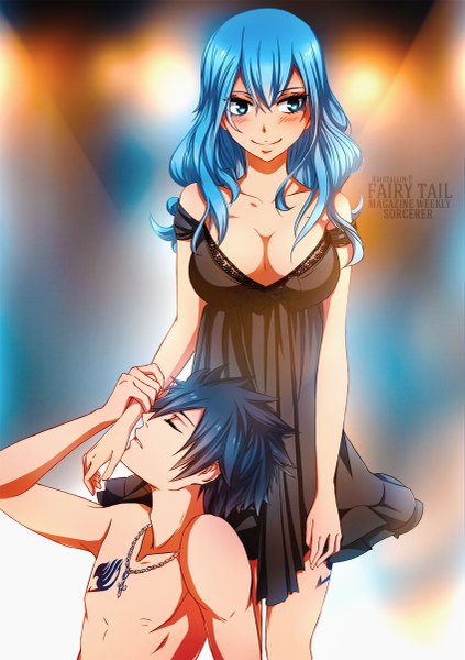 Anime picture 847x1200 with fairy tail gray fullbuster juvia lockser kristallin-f (artist) long hair tall image blush short hair breasts blue eyes light erotic black hair smile large breasts bare shoulders blue hair eyes closed profile inscription tattoo