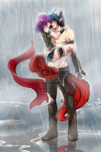 Anime picture 900x1350 with original takumy long hair tall image blush short hair standing bare shoulders holding animal ears blue hair purple hair tail animal tail profile horn (horns) pointy ears embarrassed sleeveless couple