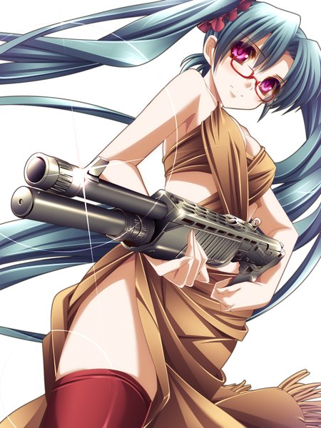 Anime picture 1200x1600 with original moneti (daifuku) single long hair tall image light erotic simple background white background twintails blue hair pink eyes girl thighhighs weapon glasses gun