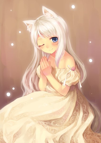 Anime picture 2480x3507 with original tsubasa tsubasa single long hair tall image looking at viewer blush fringe highres blue eyes smile sitting bare shoulders animal ears white hair one eye closed short sleeves hands clasped brown background cropped