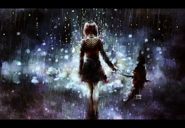 Anime picture 1300x900 with original nanfe single short hair black hair holding signed back dark background letterboxed rain pale skin injury girl dress black dress blood umbrella