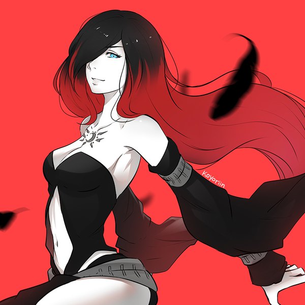 Anime picture 900x900 with gravity daze gravity daze 2 crow (gravity daze) koyoriin single looking at viewer fringe blue eyes light erotic black hair simple background smile bare shoulders signed red hair very long hair parted lips multicolored hair wind hair over one eye