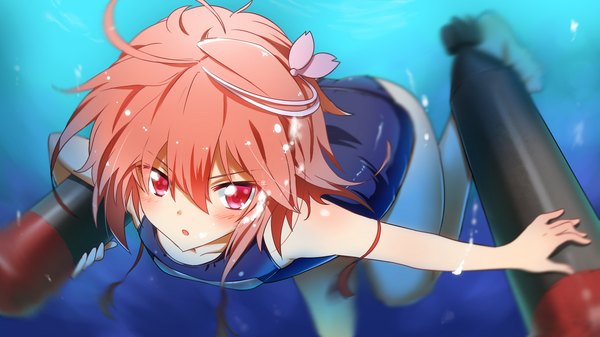 Anime picture 1600x900 with kantai collection i-58 submarine yuto (dialique) single looking at viewer blush short hair red eyes wide image pink hair barefoot underwater swimming diving girl hair ornament swimsuit one-piece swimsuit school swimsuit torpedo