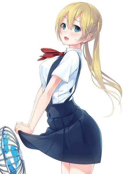 Anime picture 1062x1500 with original unasaka ryou single tall image looking at viewer blush fringe breasts open mouth blue eyes simple background blonde hair smile hair between eyes white background twintails holding :d pleated skirt short sleeves