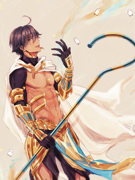 Anime picture 600x800 with fate (series) fate/prototype ozymandias (fate) saryo single tall image looking at viewer fringe short hair black hair hair between eyes yellow eyes ahoge parted lips grey background groin muscle tan abs boy