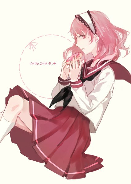 Anime picture 709x1000 with original cotta single tall image looking at viewer blush short hair open mouth simple background white background sitting pink hair pink eyes inscription turning head eating girl skirt uniform hair ornament