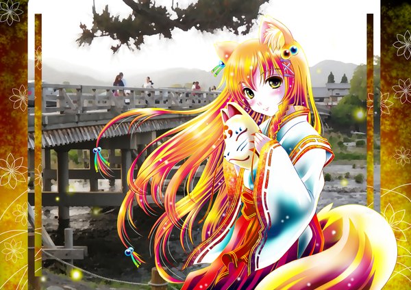 Anime picture 4093x2894 with original aka kitsune long hair blush highres yellow eyes absurdres traditional clothes orange hair fox ears fox tail fox girl photo background girl hair ornament mask