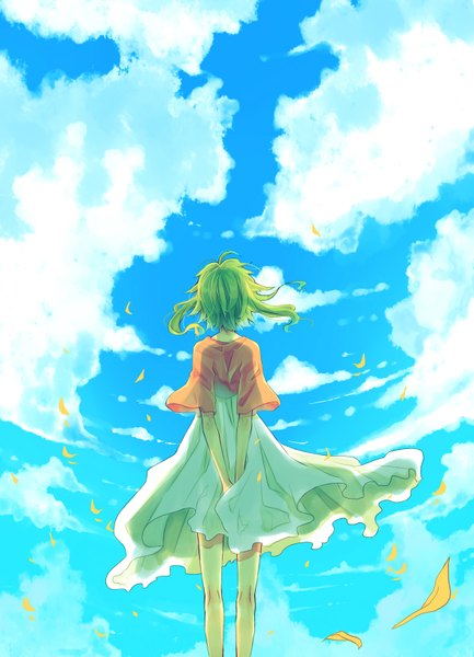 Anime picture 1177x1629 with vocaloid gumi vient single tall image short hair sky cloud (clouds) green hair wind from behind hands behind back girl dress petals