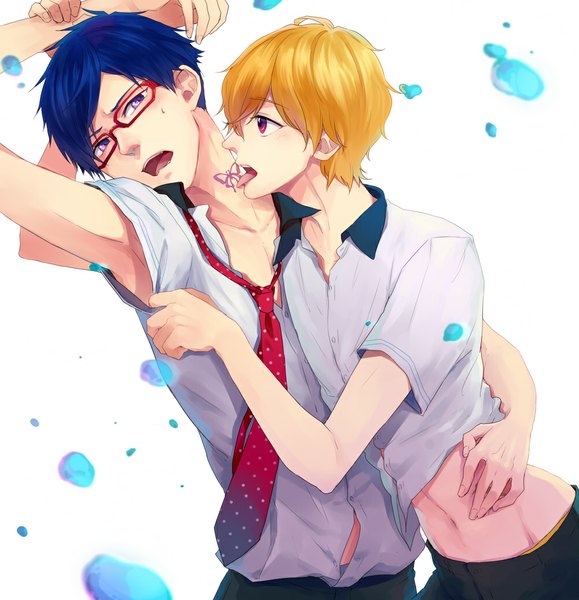 Anime picture 1000x1036 with free! kyoto animation hazuki nagisa ryugazaki rei otsuki (artist) tall image short hair open mouth blonde hair simple background red eyes white background purple eyes blue hair looking away profile multiple boys bare belly armpit (armpits) tattoo