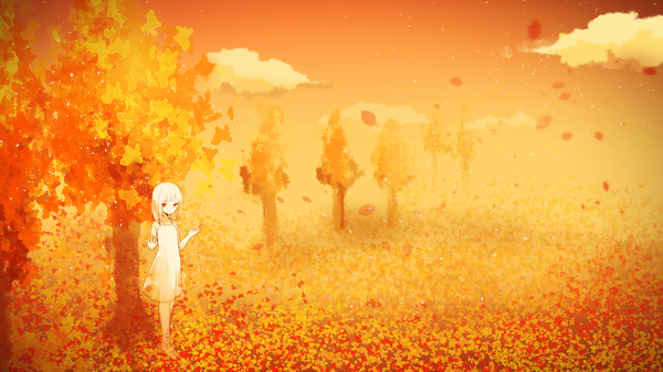 Anime picture 1759x990 with original chizuru (ambient) single fringe highres short hair wide image standing bare shoulders sky cloud (clouds) white hair bare legs autumn albino girl dress plant (plants) tree (trees) white dress