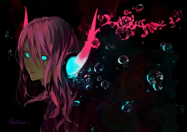 Anime picture 1500x1067 with vocaloid megurine luka tokai kuma single long hair looking at viewer blue eyes signed pink hair horn (horns) lipstick girl flower (flowers) headphones rose (roses) bubble (bubbles)