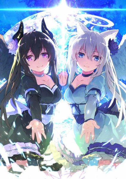 Anime picture 565x800 with original yasumo (kuusouorbital) long hair tall image blue eyes black hair smile purple eyes multiple girls animal ears white hair tail hair flower cat ears outstretched arm holding hands light demon girl angel wings black wings