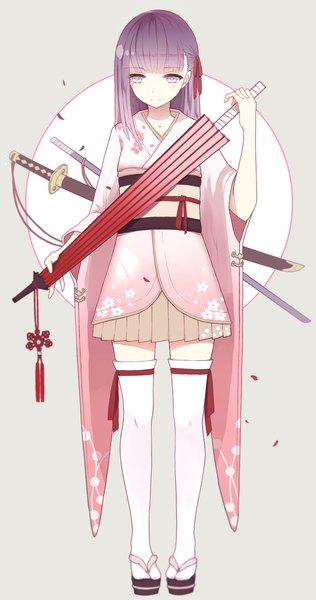 Anime picture 1283x2433 with fate (series) fate/stay night type-moon matou sakura gkn levi single long hair tall image fringe simple background standing purple eyes holding purple hair looking down closed umbrella girl thighhighs ribbon (ribbons) weapon