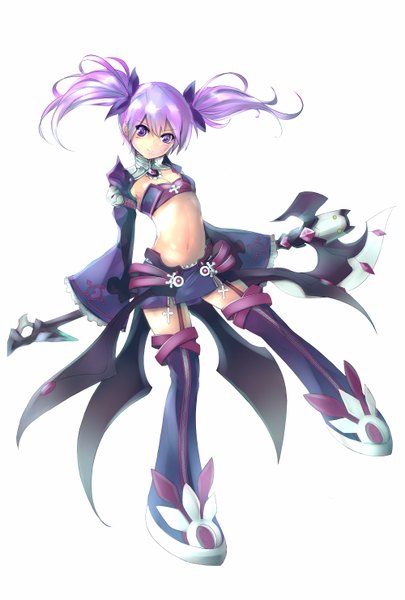 Anime picture 2000x2959 with elsword aisha landar aqn (masamune) single long hair tall image looking at viewer highres simple background smile white background purple eyes twintails purple hair girl navel weapon miniskirt boots brooch