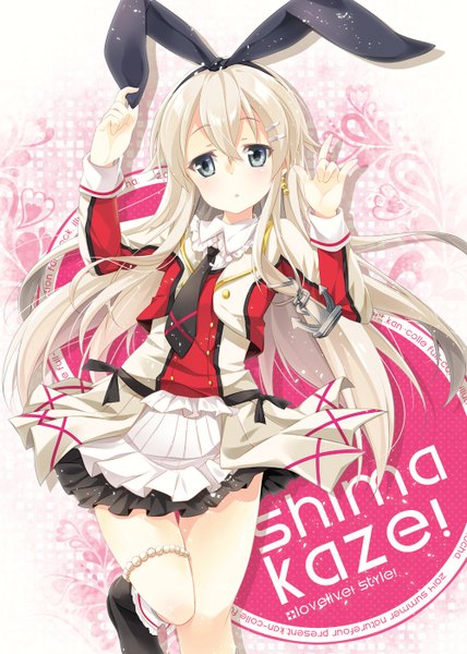 Anime picture 1000x1400 with kantai collection love live! school idol project sunrise (studio) love live! shimakaze destroyer mocha (naturefour) single long hair tall image looking at viewer blush blonde hair grey eyes alternate costume cosplay girl skirt hair ornament ribbon (ribbons) hair ribbon