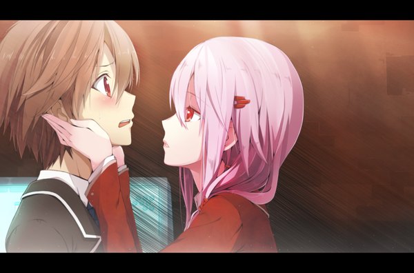 Anime picture 1920x1268 with guilty crown production i.g yuzuriha inori ouma shu rokumu hitomu (artist) long hair highres short hair black hair red eyes pink hair couple letterboxed face to face girl boy uniform school uniform