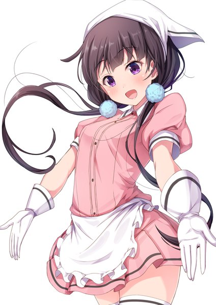 Anime picture 780x1103 with blend s a-1 pictures sakuranomiya maika matokechi single long hair tall image blush open mouth black hair simple background white background twintails purple eyes puffy sleeves low twintails looking down waitress girl thighhighs