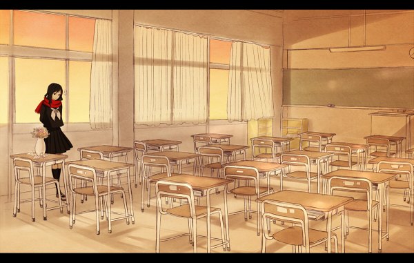 Anime picture 1200x763 with kagerou project shaft (studio) tateyama ayano modoromi single long hair black hair letterboxed classroom girl skirt flower (flowers) serafuku window scarf curtains chair desk
