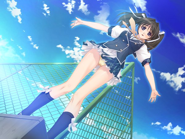 Anime picture 1680x1260 with kotowari kunashi hatsuka fusataka shikibu light erotic black hair twintails game cg sky cloud (clouds) black eyes pantyshot short twintails girl uniform school uniform