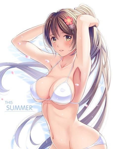 Anime picture 1492x1958 with original ltt challenger single long hair tall image looking at viewer breasts light erotic brown hair ponytail hair flower armpit (armpits) underboob covered nipples girl navel hair ornament flower (flowers) swimsuit bikini