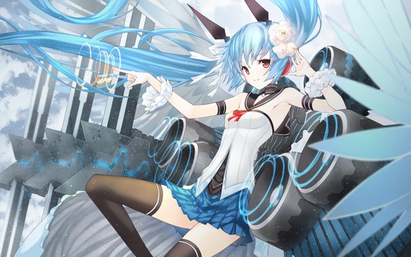 Anime picture 1280x800 with original achunchun single long hair looking at viewer red eyes wide image twintails blue hair hair flower zettai ryouiki magic girl thighhighs dress hair ornament flower (flowers) black thighhighs wings