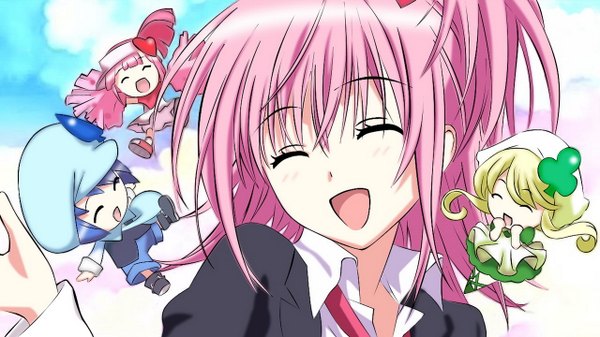 Anime picture 1280x720 with shugo chara! hinamori amu ran (shugo chara!) suu (shugo chara!) miki (shugo chara!) short hair open mouth blonde hair wide image twintails blue hair pink hair sky eyes closed girl uniform school uniform