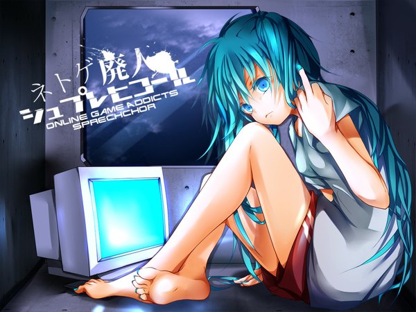 Anime picture 1000x750 with vocaloid hatsune miku maclo (makuro) single long hair barefoot aqua eyes aqua hair legs middle finger girl monitor