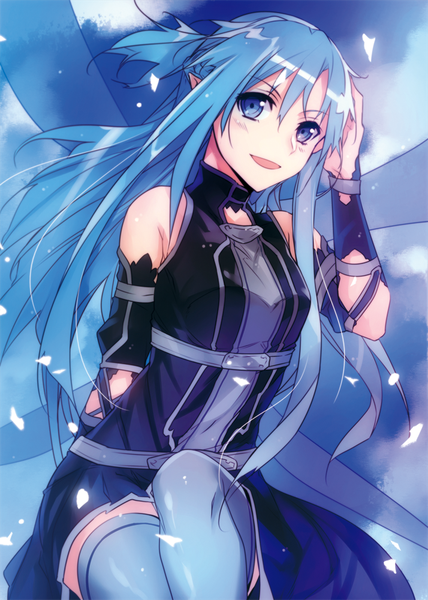 Anime picture 714x1000 with sword art online a-1 pictures yuuki asuna asuna (sao-alo) sl died single long hair tall image blush blue eyes smile blue hair looking away sky cloud (clouds) bent knee (knees) braid (braids) parted lips wind adjusting hair