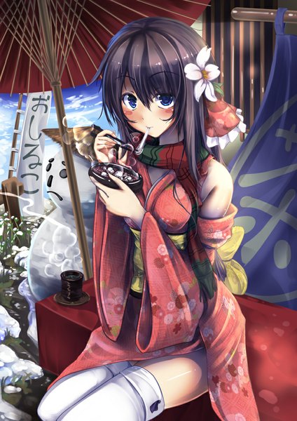 Anime picture 724x1024 with original monikano long hair tall image looking at viewer blush blue eyes black hair traditional clothes japanese clothes hair flower eating girl thighhighs hair ornament flower (flowers) detached sleeves white thighhighs kimono umbrella