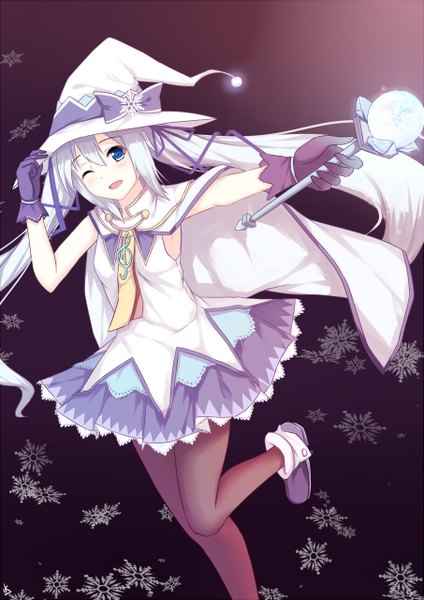 Anime picture 905x1280 with vocaloid suki! yuki! maji magic (vocaloid) hatsune miku yuki miku yuki miku (2014) itachi kanade single tall image open mouth blue eyes twintails very long hair one eye closed wink aqua hair witch girl gloves hat witch hat