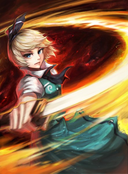 Anime picture 1200x1629 with touhou konpaku youmu single tall image looking at viewer fringe short hair breasts blue eyes blonde hair lips girl weapon sword hairband katana fire