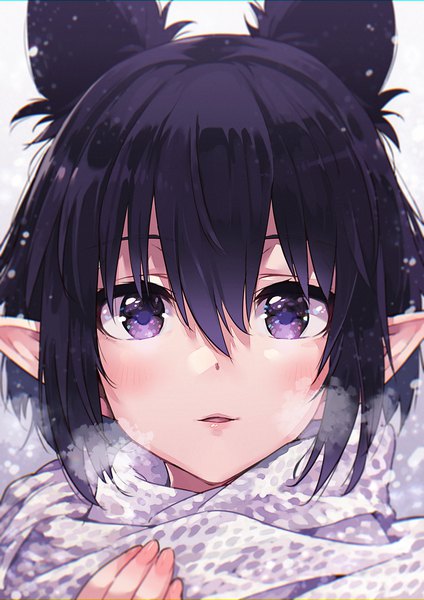 Anime picture 849x1200 with original mano (narumi arata) narumi arata single tall image looking at viewer blush fringe short hair open mouth black hair simple background hair between eyes white background purple eyes animal ears payot parted lips pointy ears portrait