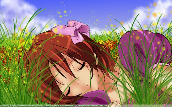 Anime picture 1920x1200 with clannad key (studio) furukawa nagisa single highres short hair brown hair wide image cloud (clouds) lying eyes closed sleeping girl dress bow plant (plants) hair bow grass