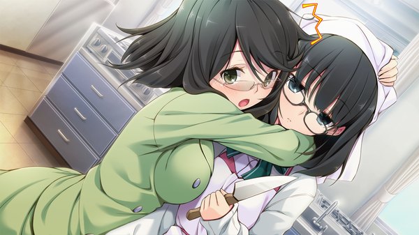 Anime picture 1280x720 with tsuisou no augment hinasaki you short hair open mouth blue eyes black hair wide image multiple girls green eyes game cg hug girl 2 girls glasses knife