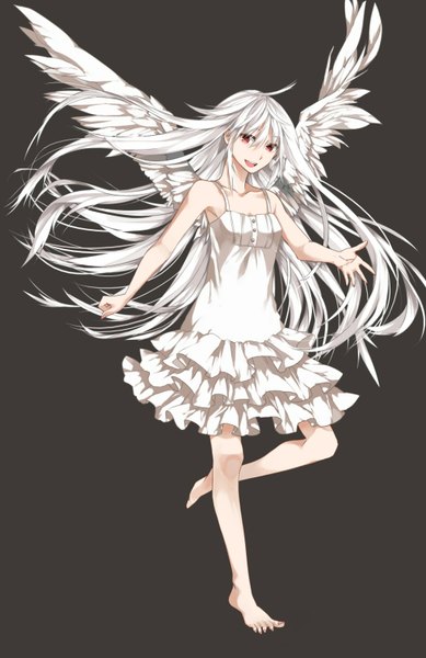 Anime picture 1024x1580 with original tunapon01 single long hair tall image simple background red eyes white hair barefoot happy wings sundress