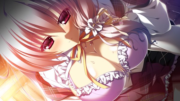Anime picture 1280x720 with 12 no tsuki no eve shiina mizuka single long hair blush breasts light erotic red eyes wide image large breasts game cg cleavage silver hair girl lingerie bra purple bra