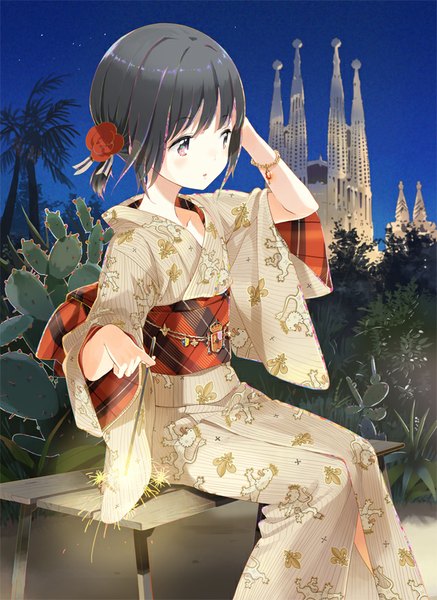 Anime picture 639x877 with original tiv single tall image short hair black hair sitting brown eyes looking away bent knee (knees) outdoors long sleeves traditional clothes japanese clothes hair flower night wide sleeves night sky adjusting hair hand on head