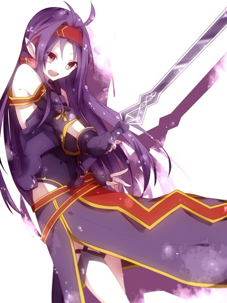 Anime picture 800x1066 with sword art online a-1 pictures yuuki (sao) nyaro (soran) single long hair tall image open mouth simple background red eyes standing white background bare shoulders looking away purple hair ahoge :d pointy ears girl dress