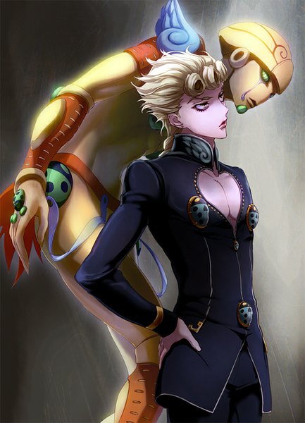 Anime picture 578x800 with jojo no kimyou na bouken giorno giovanna gold experience joka (night gate) long hair tall image simple background blonde hair green eyes yellow eyes looking away grey hair multiple boys hand on hip boy 2 boys