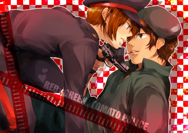 Anime picture 1200x848 with axis powers hetalia studio deen spain (hetalia) south italy (hetalia) riku?! blush short hair brown hair green eyes inscription multiple boys mouth hold face to face eye contact shounen ai checkered background boy gloves uniform weapon